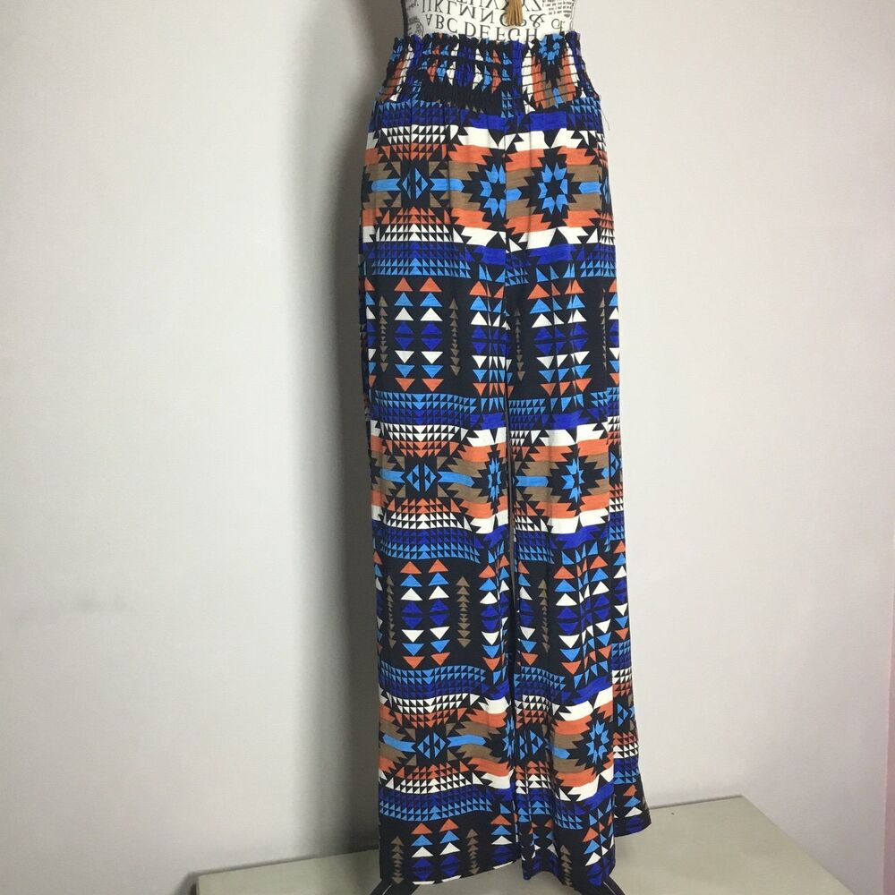 Bold pattern smocked waist pants floaty orange blue waist 24”-36” inseam 31” S
